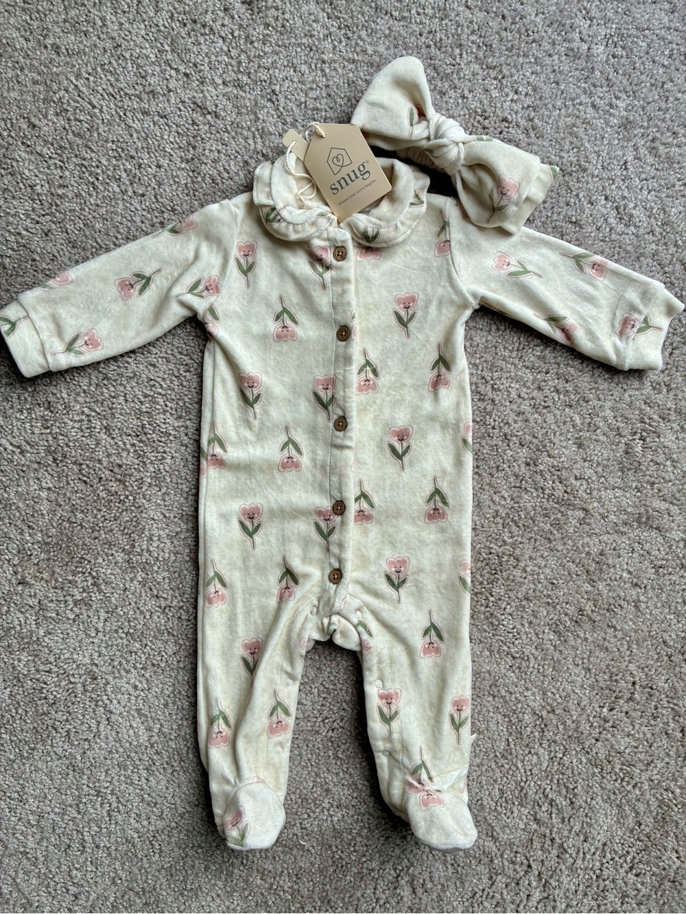 Snug Floral Pink & Cream Baby One-Piece with Headband - Velour  NWT